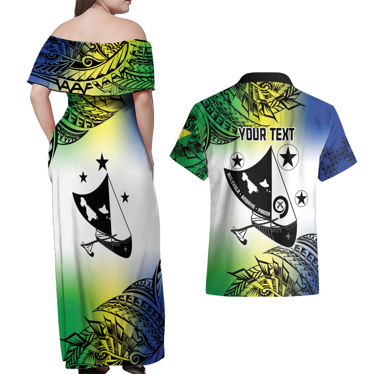 Malampa Day Couples Matching Off Shoulder Maxi Dress and Hawaiian Shirt Emblem Gradient Style