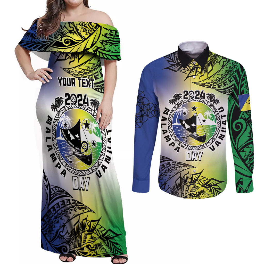 Malampa Day Couples Matching Off Shoulder Maxi Dress and Long Sleeve Button Shirt Emblem Gradient Style LT7 Colorful - Polynesian Pride