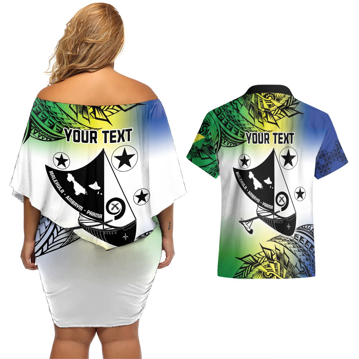 Malampa Day Couples Matching Off Shoulder Short Dress and Hawaiian Shirt Emblem Gradient Style LT7 - Polynesian Pride