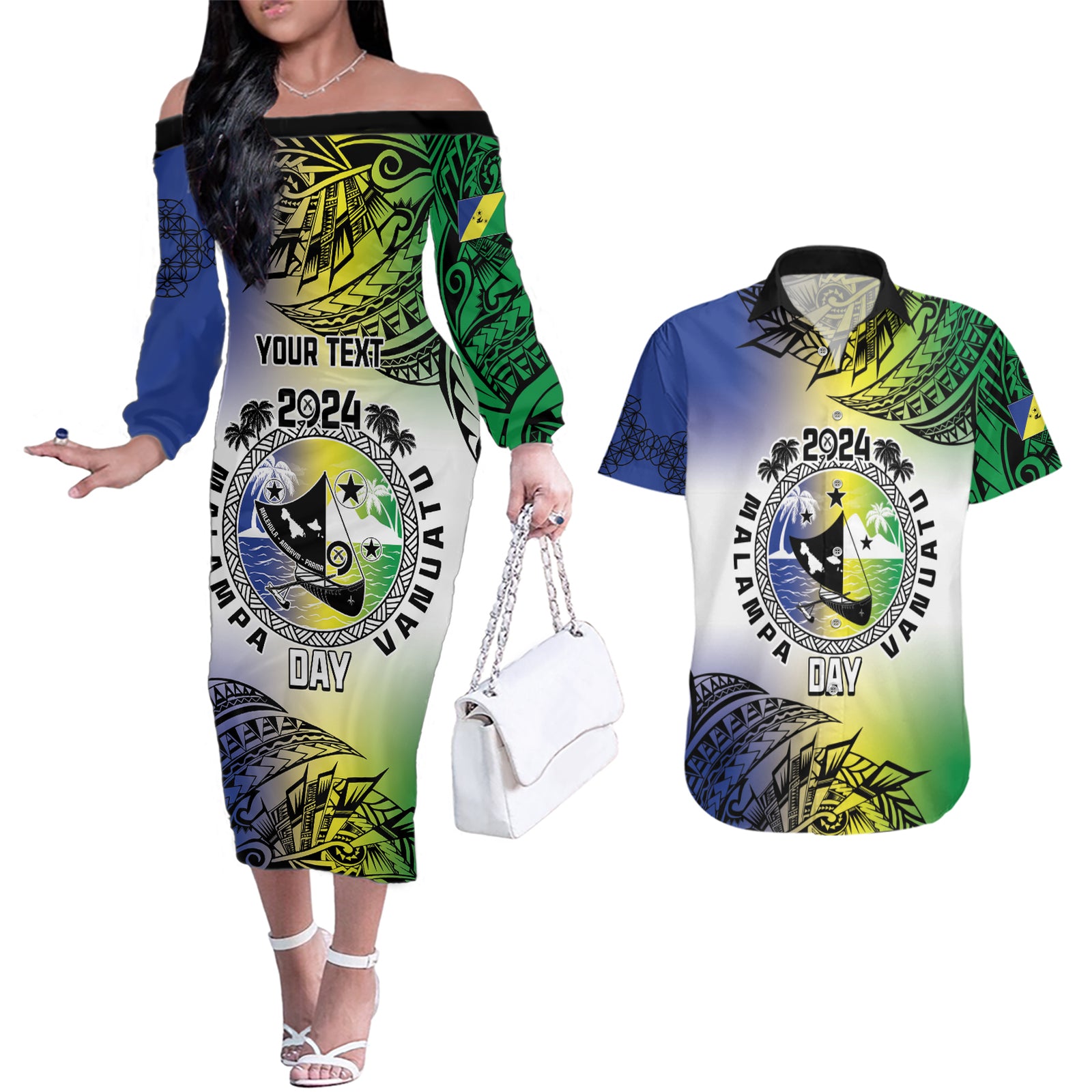 Malampa Day Couples Matching Off The Shoulder Long Sleeve Dress and Hawaiian Shirt Emblem Gradient Style LT7 Colorful - Polynesian Pride