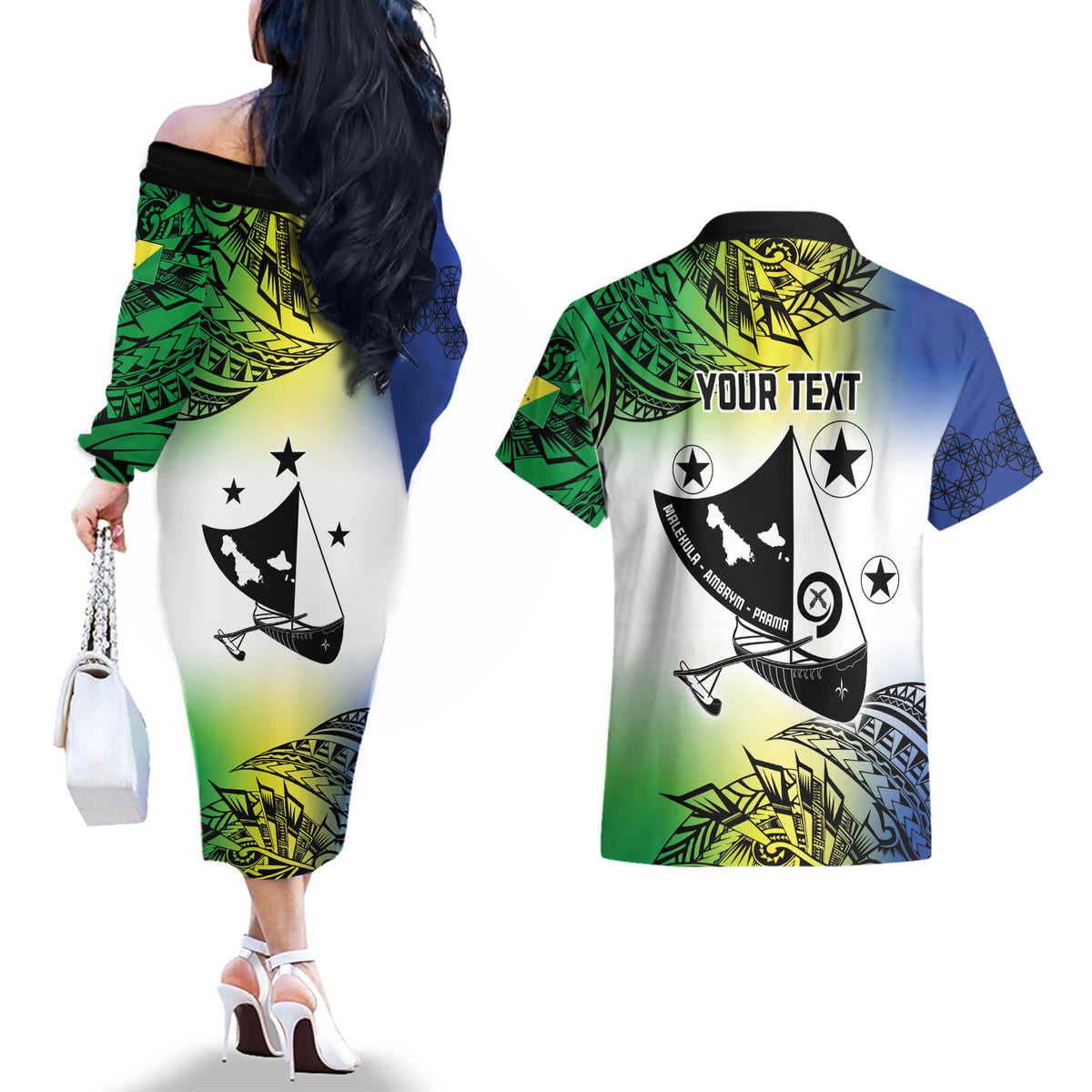 Malampa Day Couples Matching Off The Shoulder Long Sleeve Dress and Hawaiian Shirt Emblem Gradient Style LT7 - Polynesian Pride