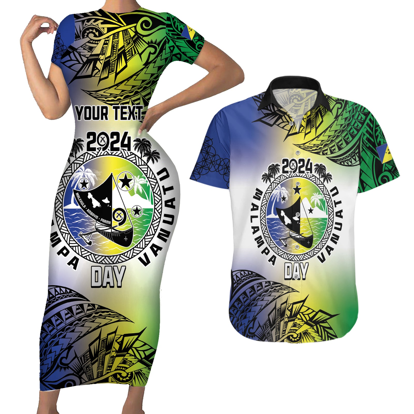 Malampa Day Couples Matching Short Sleeve Bodycon Dress and Hawaiian Shirt Emblem Gradient Style LT7 Colorful - Polynesian Pride