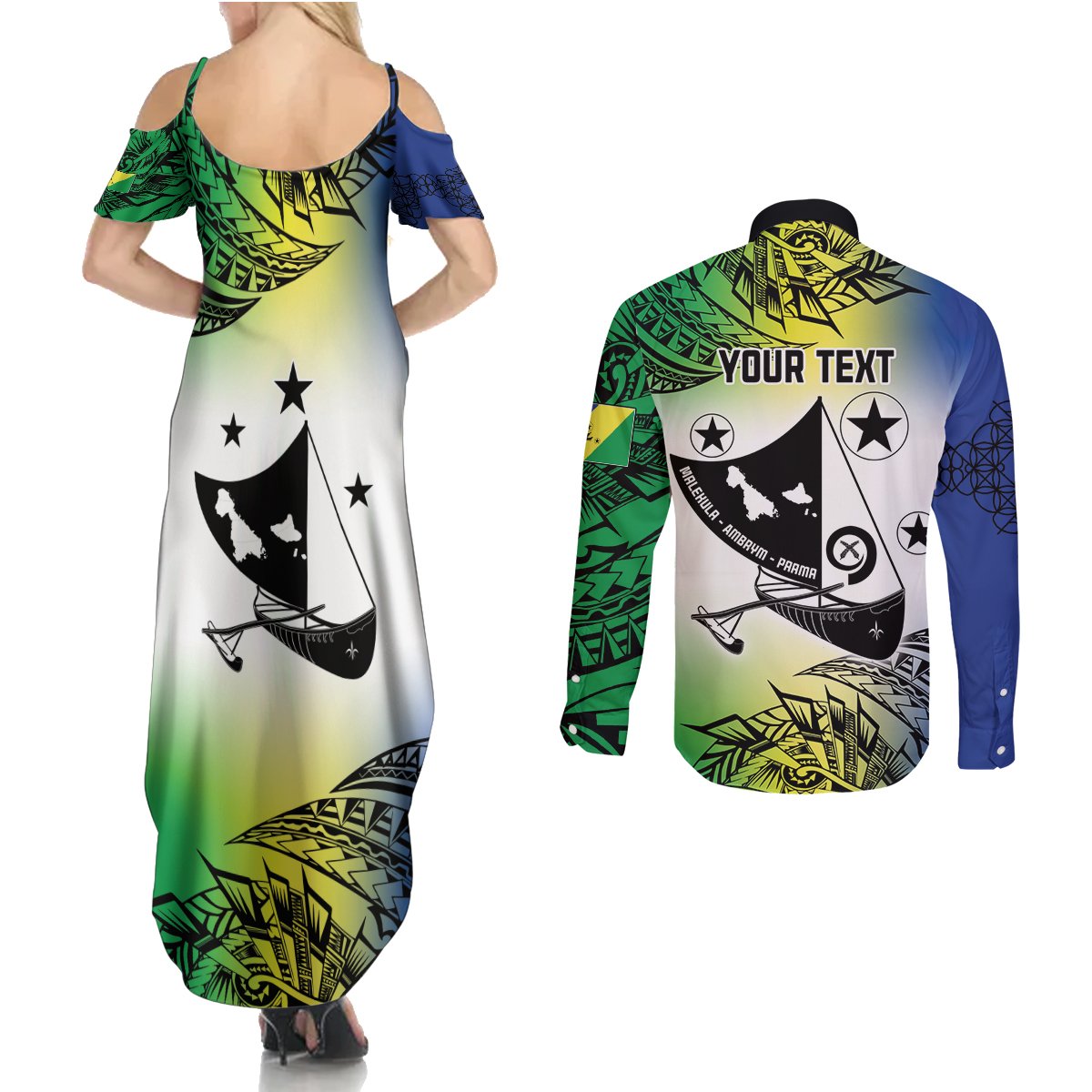 Malampa Day Couples Matching Summer Maxi Dress and Long Sleeve Button Shirt Emblem Gradient Style LT7 - Polynesian Pride