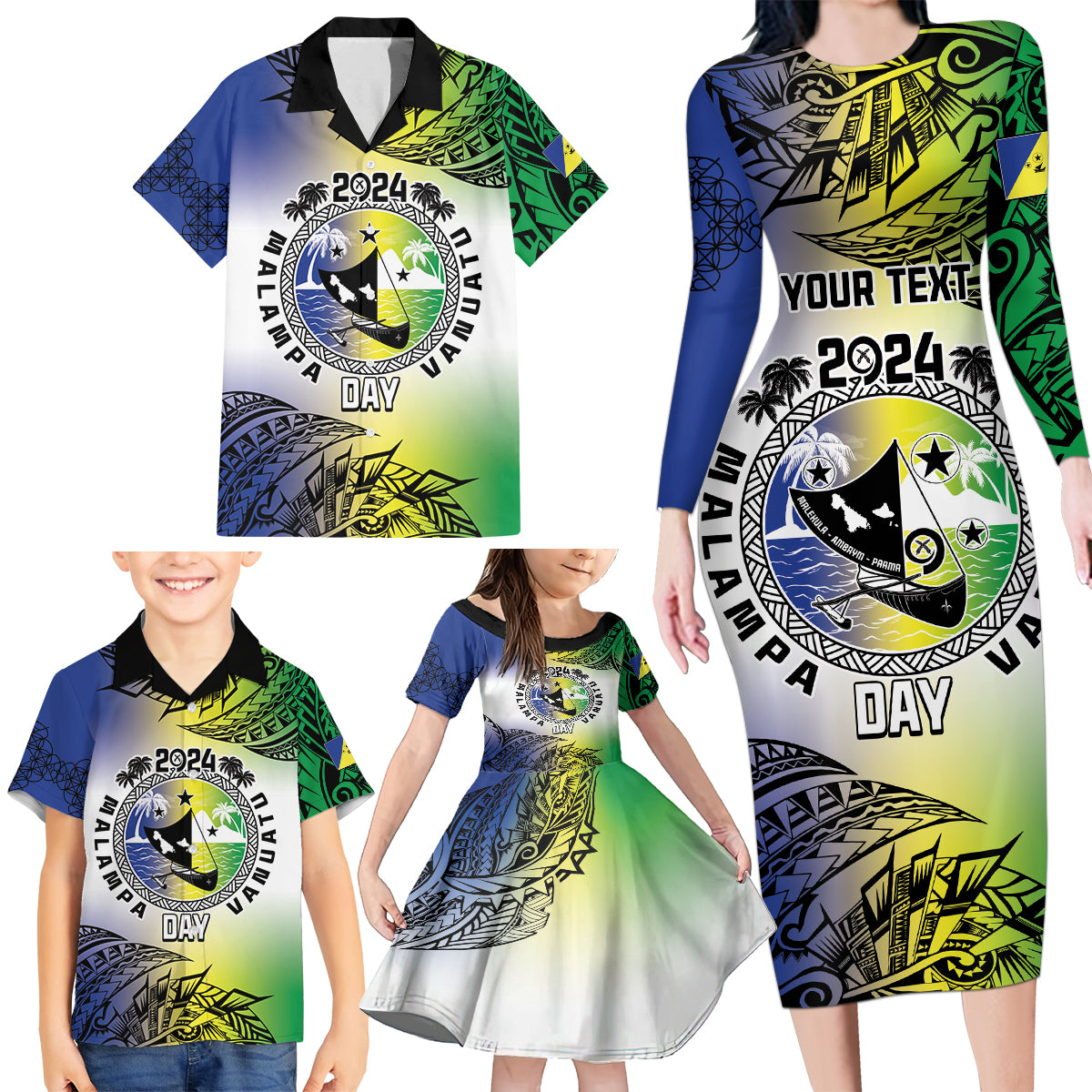 Malampa Day Family Matching Long Sleeve Bodycon Dress and Hawaiian Shirt Emblem Gradient Style