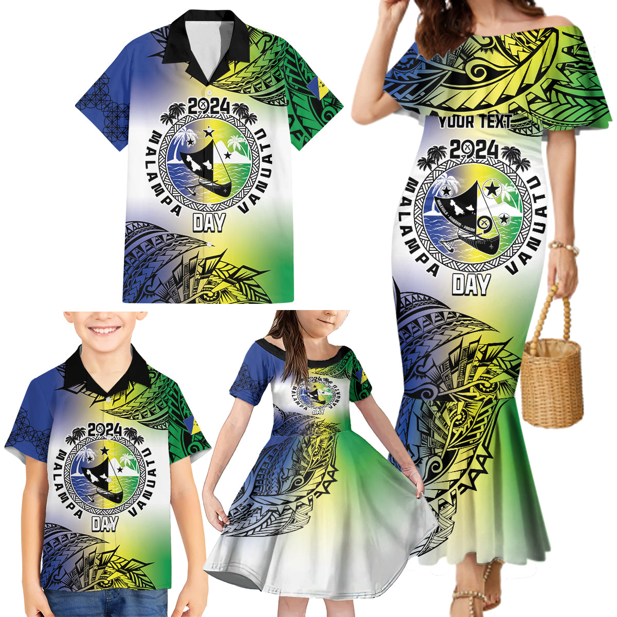 Malampa Day Family Matching Mermaid Dress and Hawaiian Shirt Emblem Gradient Style