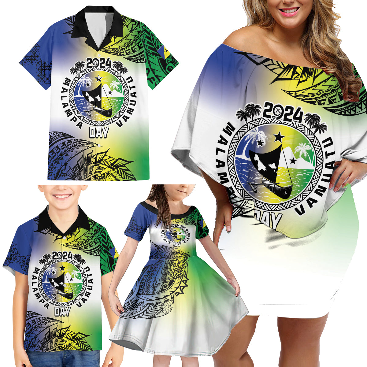 Malampa Day Family Matching Off Shoulder Short Dress and Hawaiian Shirt Emblem Gradient Style LT7 - Polynesian Pride