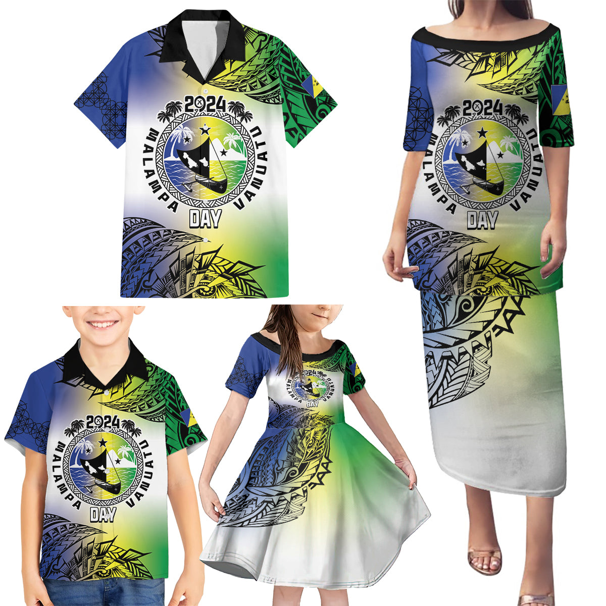 Malampa Day Family Matching Puletasi and Hawaiian Shirt Emblem Gradient Style LT7 - Polynesian Pride
