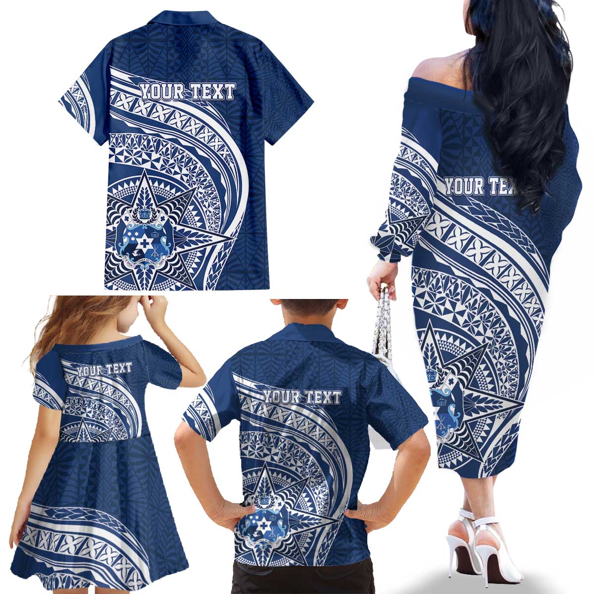 Tonga Queen Salote College Personalized Family Matching Off The Shoulder Long Sleeve Dress and Hawaiian Shirt Ngatu Tokelaufeletoa Motifs