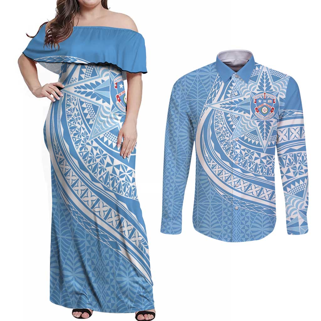 Tonga Apifo'ou Kolisi Personalized Couples Matching Off Shoulder Maxi Dress and Long Sleeve Button Shirt Ngatu Tokelaufeletoa Motifs