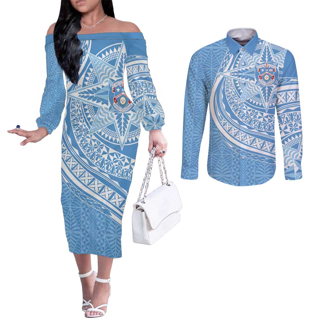 Tonga Apifo'ou Kolisi Personalized Couples Matching Off The Shoulder Long Sleeve Dress and Long Sleeve Button Shirt Ngatu Tokelaufeletoa Motifs