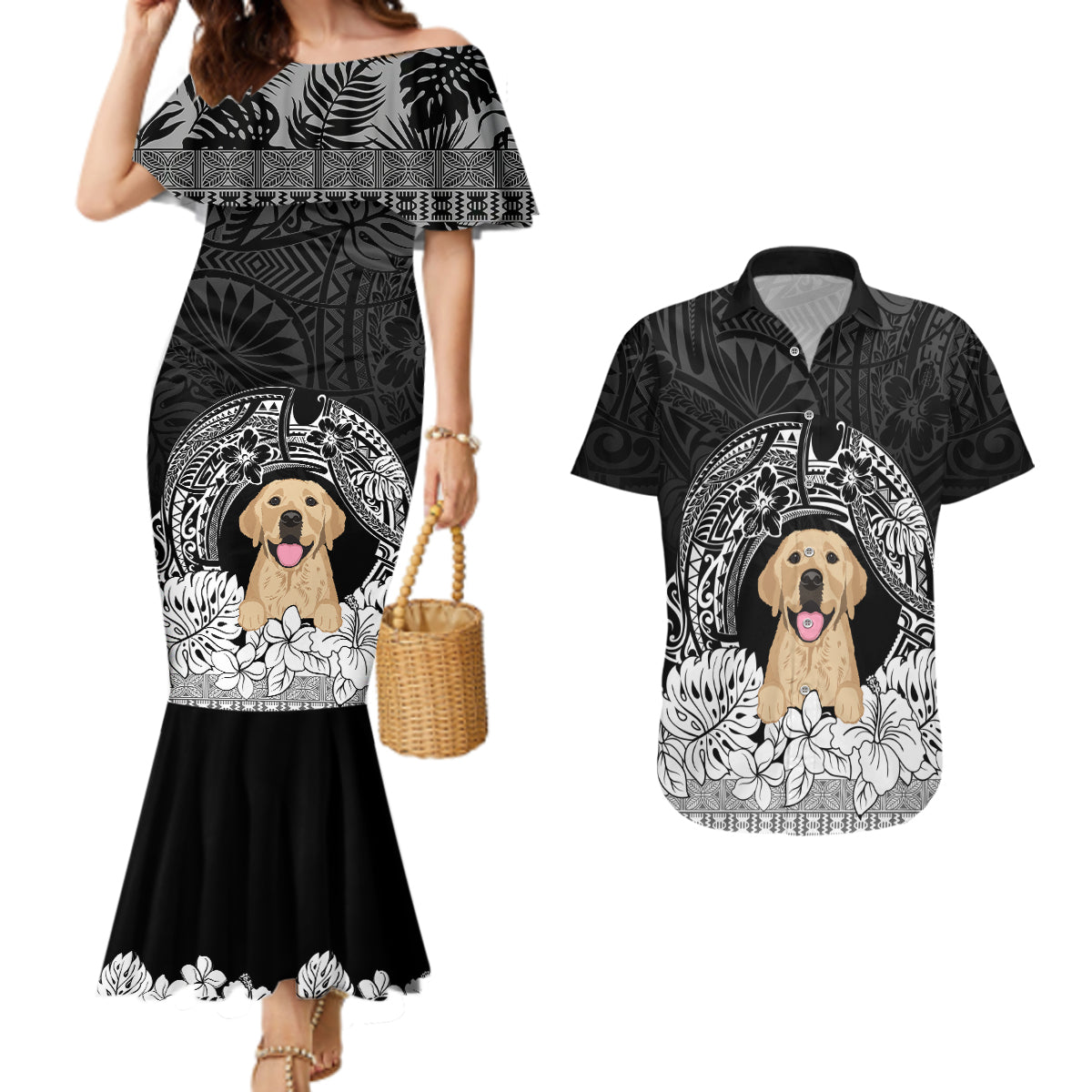 Personalised Dog Couples Matching Mermaid Dress And Hawaiian Shirt Golden Retriever With Polynesian Tapa Arch LT7 Black - Polynesian Pride