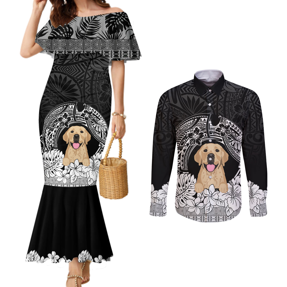 Personalised Dog Couples Matching Mermaid Dress and Long Sleeve Button Shirts Golden Retriever With Polynesian Tapa Arch LT7 Black - Polynesian Pride