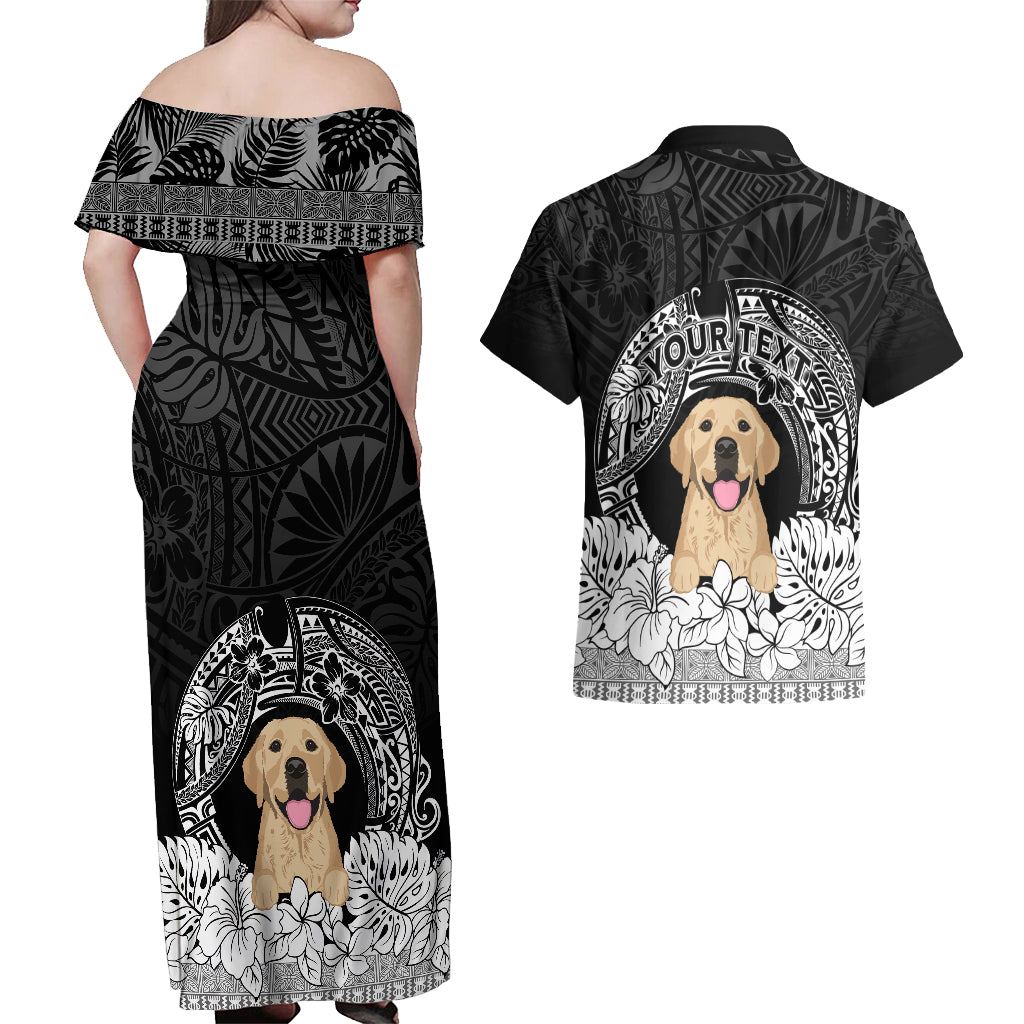 Personalised Dog Couples Matching Off Shoulder Maxi Dress and Hawaiian Shirt Golden Retriever With Polynesian Tapa Arch LT7 - Polynesian Pride