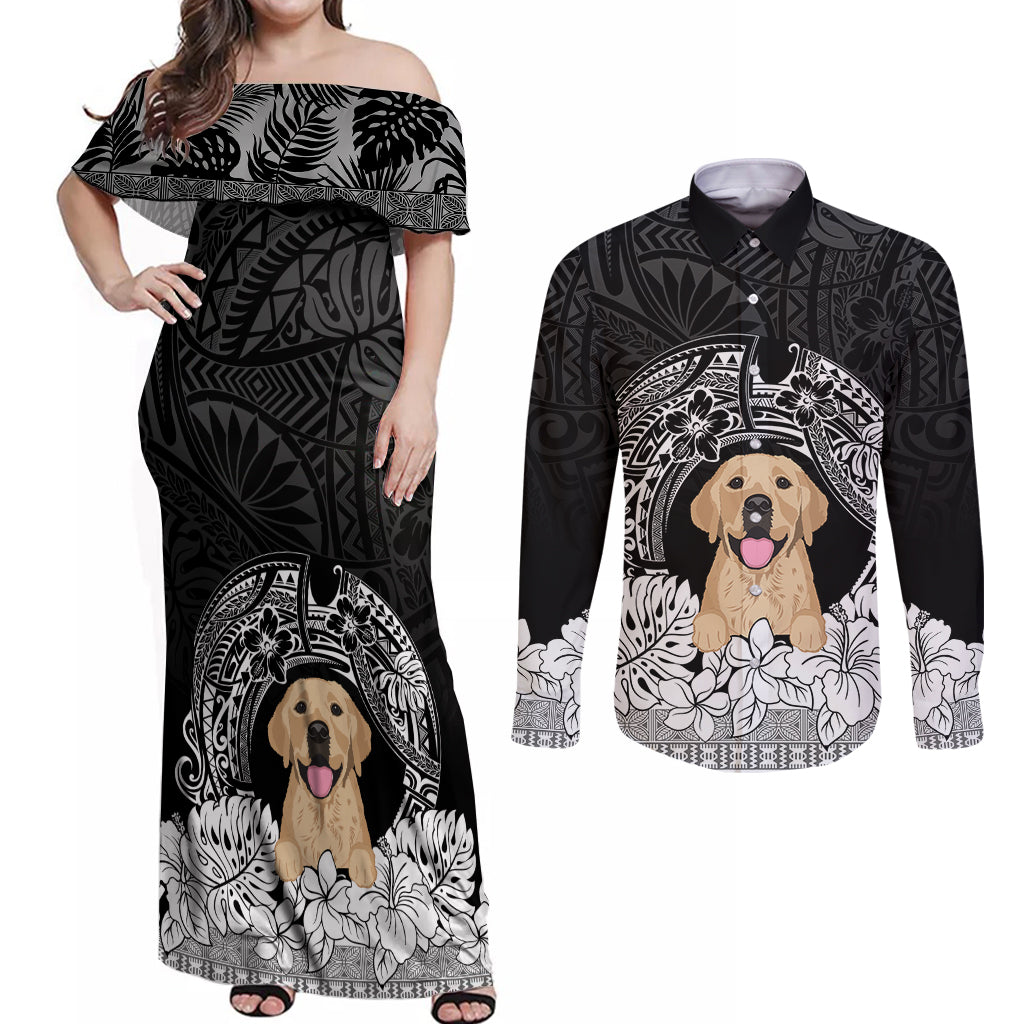 Personalised Dog Couples Matching Off Shoulder Maxi Dress and Long Sleeve Button Shirts Golden Retriever With Polynesian Tapa Arch LT7 Black - Polynesian Pride