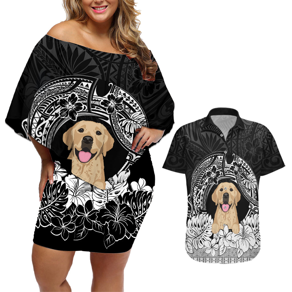 Personalised Dog Couples Matching Off Shoulder Short Dress and Hawaiian Shirt Golden Retriever With Polynesian Tapa Arch LT7 Black - Polynesian Pride