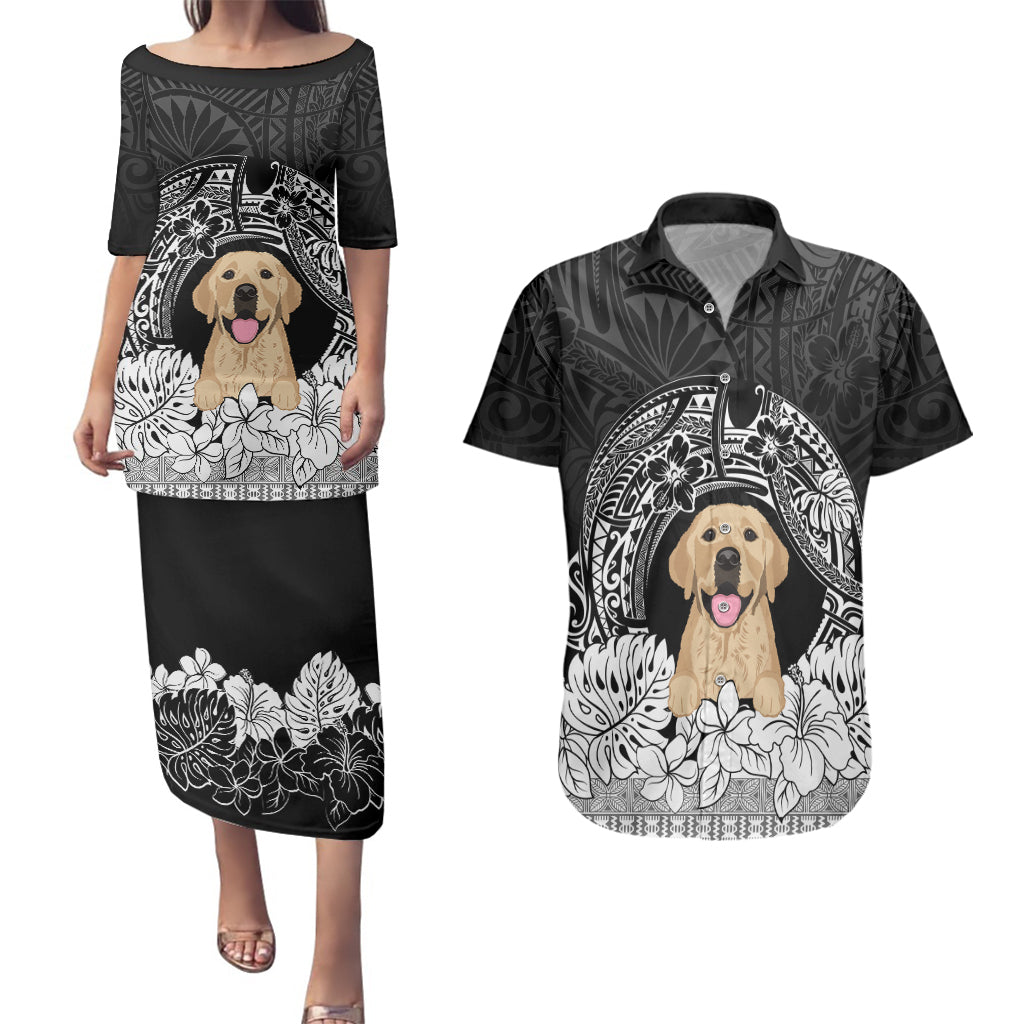 Personalised Dog Couples Matching Puletasi Dress and Hawaiian Shirt Golden Retriever With Polynesian Tapa Arch LT7 Black - Polynesian Pride