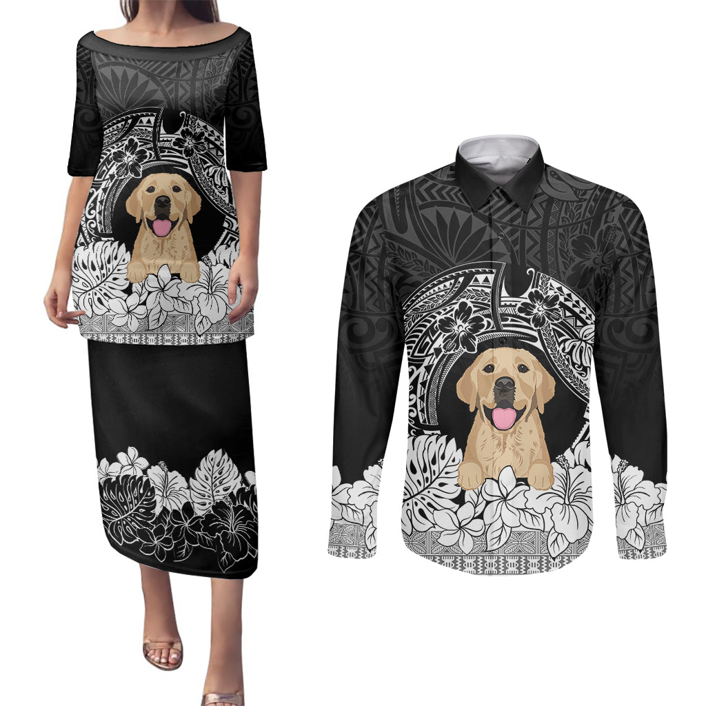 Personalised Dog Couples Matching Puletasi Dress and Long Sleeve Button Shirts Golden Retriever With Polynesian Tapa Arch LT7 Black - Polynesian Pride