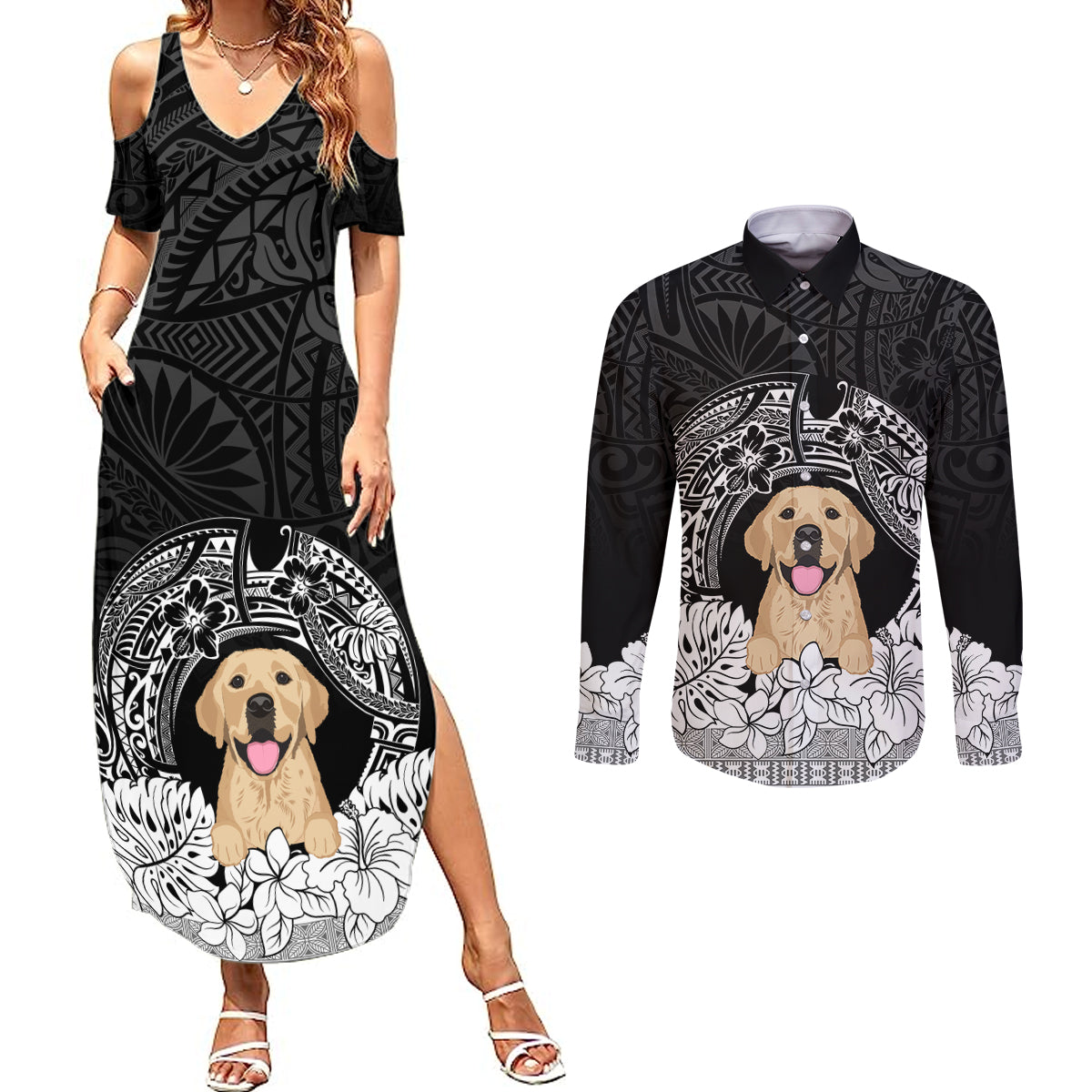 Personalised Dog Couples Matching Summer Maxi Dress and Long Sleeve Button Shirts Golden Retriever With Polynesian Tapa Arch LT7 Black - Polynesian Pride