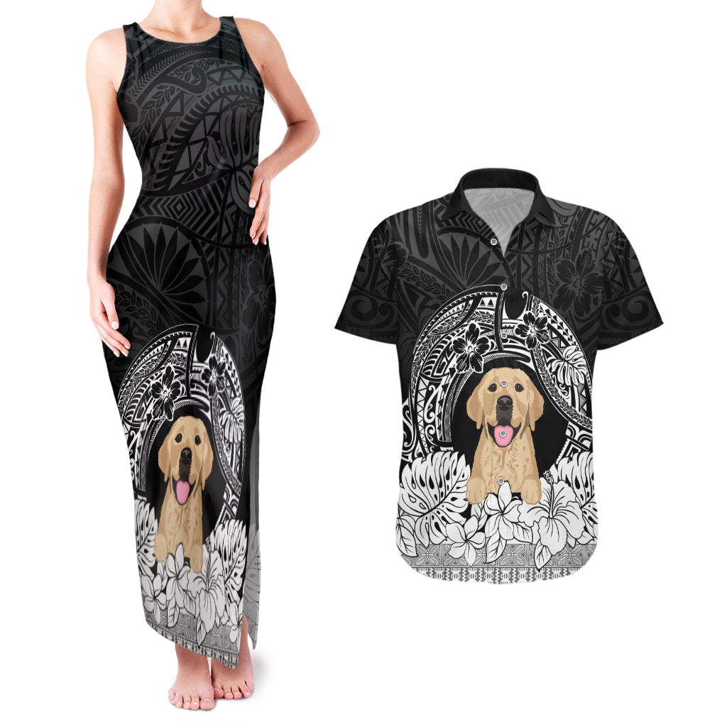 Personalised Dog Couples Matching Tank Maxi Dress And Hawaiian Shirt Golden Retriever With Polynesian Tapa Arch LT7 Black - Polynesian Pride