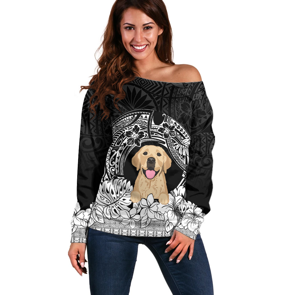 Personalised Dog Off Shoulder Sweater Golden Retriever With Polynesian Tapa Arch LT7 Women Black - Polynesian Pride