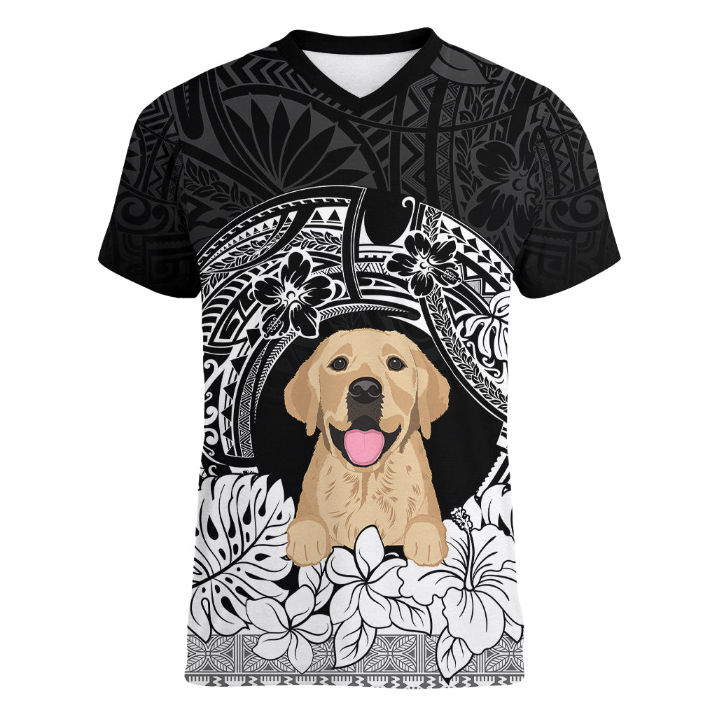 Personalised Dog Women V Neck T Shirt Golden Retriever With Polynesian Tapa Arch LT7 Female Black - Polynesian Pride