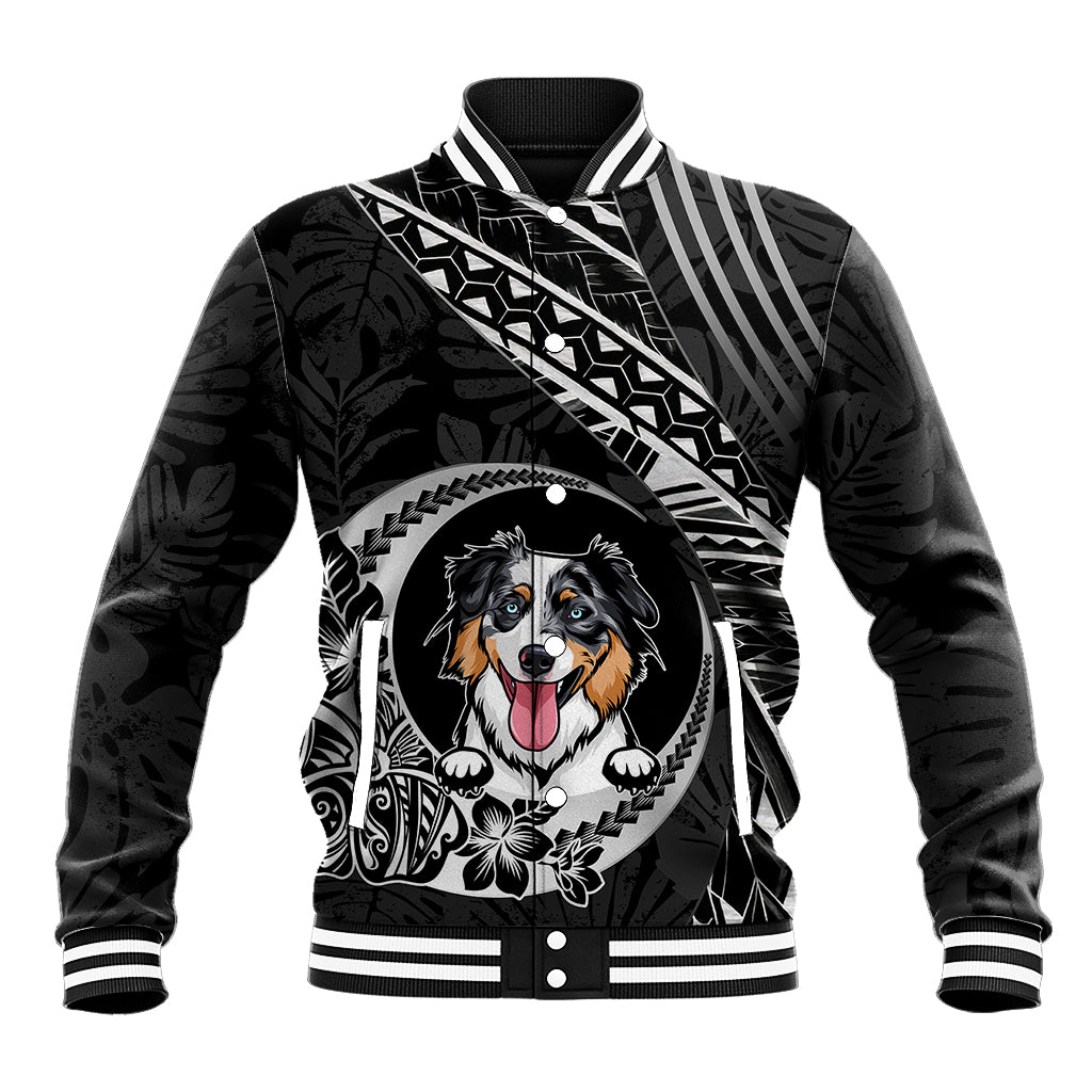 Personalised Polynesian Dog Baseball Jacket With Australian Shepherd - Crescent Style LT7 Unisex Black - Polynesian Pride