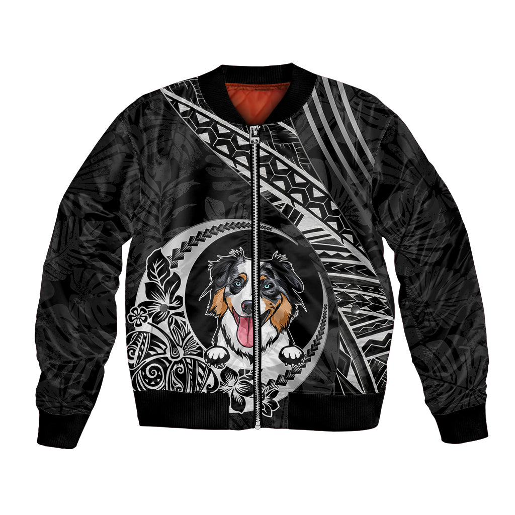 Personalised Polynesian Dog Bomber Jacket With Australian Shepherd - Crescent Style LT7 Unisex Black - Polynesian Pride