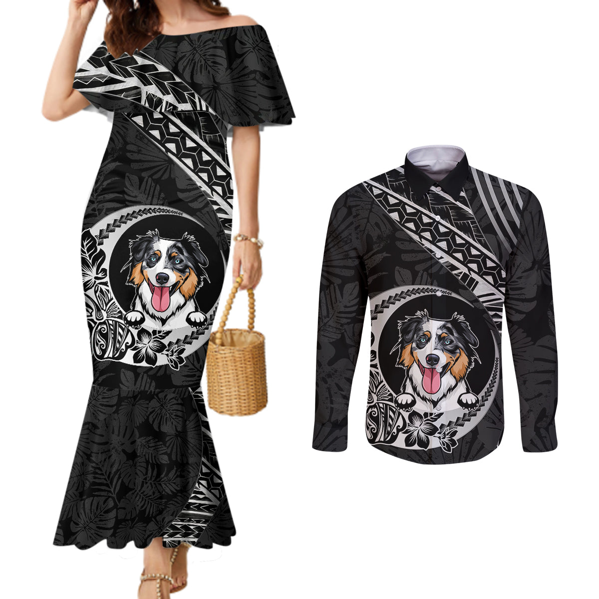 Personalised Polynesian Dog Couples Matching Mermaid Dress and Long Sleeve Button Shirts With Australian Shepherd - Crescent Style LT7 Black - Polynesian Pride