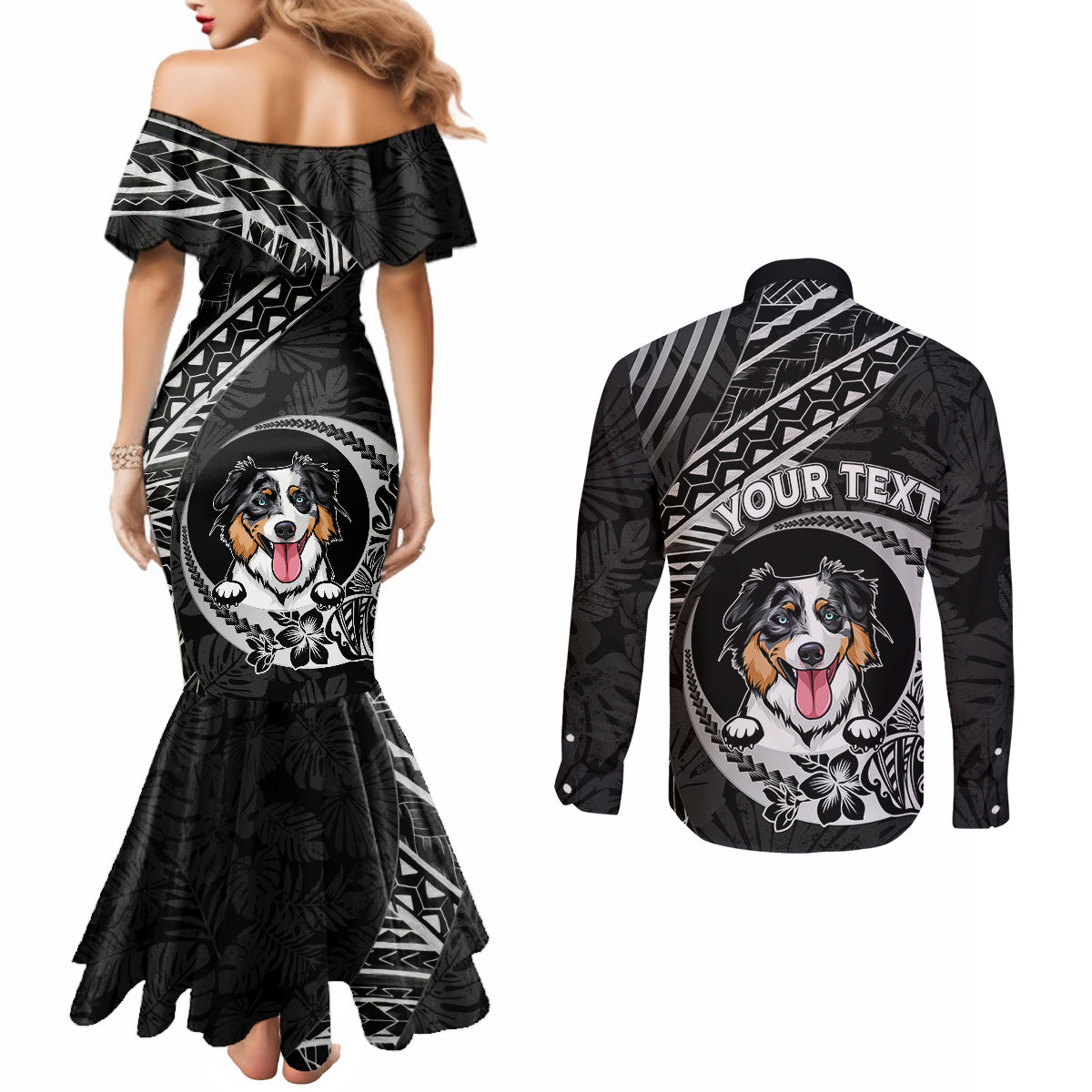 Personalised Polynesian Dog Couples Matching Mermaid Dress and Long Sleeve Button Shirts With Australian Shepherd - Crescent Style LT7 - Polynesian Pride