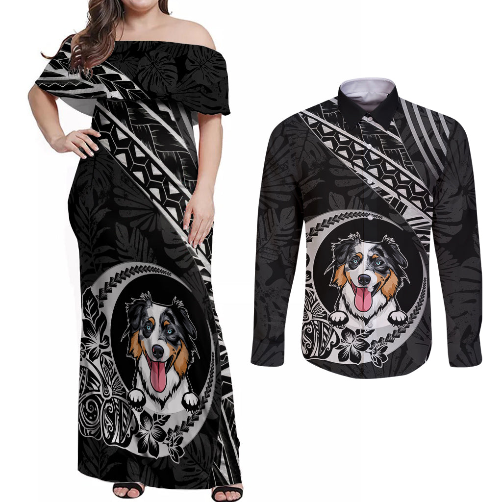 Personalised Polynesian Dog Couples Matching Off Shoulder Maxi Dress and Long Sleeve Button Shirts With Australian Shepherd - Crescent Style LT7 Black - Polynesian Pride