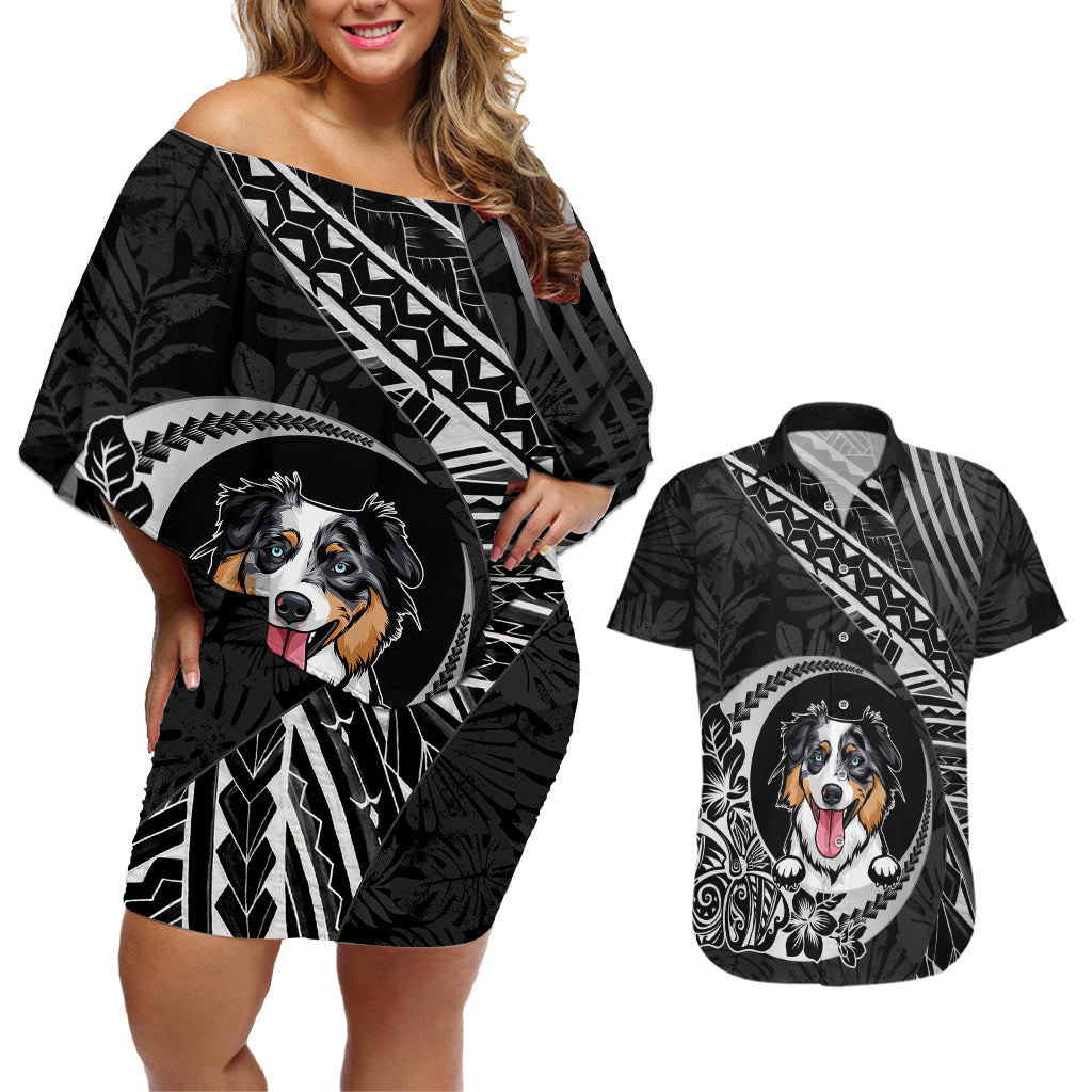 Personalised Polynesian Dog Couples Matching Off Shoulder Short Dress and Hawaiian Shirt With Australian Shepherd - Crescent Style LT7 Black - Polynesian Pride