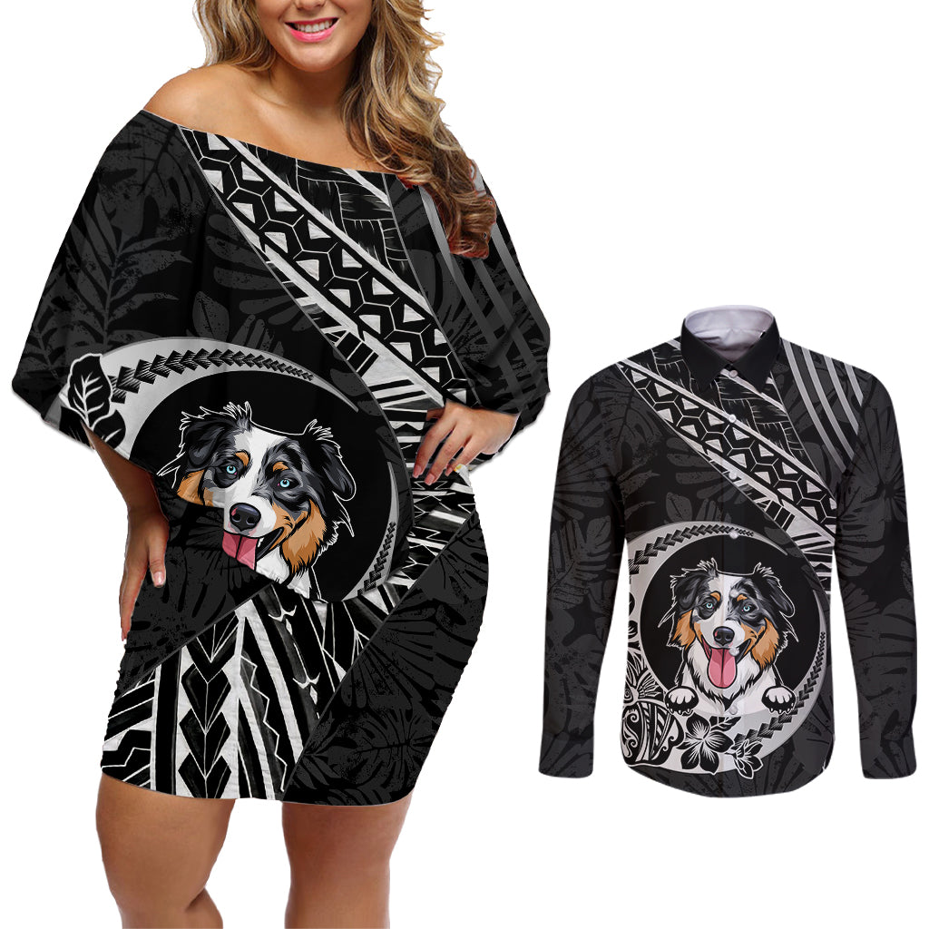 Personalised Polynesian Dog Couples Matching Off Shoulder Short Dress and Long Sleeve Button Shirts With Australian Shepherd - Crescent Style LT7 Black - Polynesian Pride