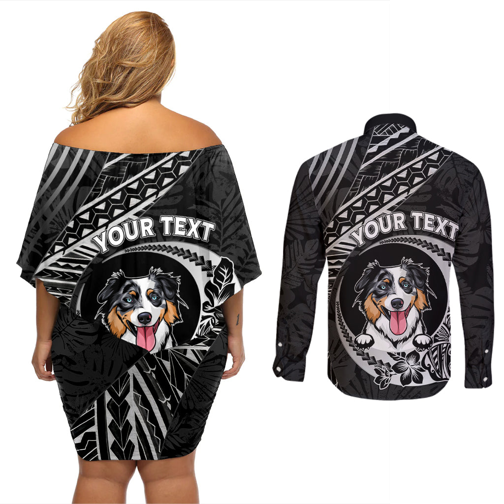 Personalised Polynesian Dog Couples Matching Off Shoulder Short Dress and Long Sleeve Button Shirts With Australian Shepherd - Crescent Style LT7 - Polynesian Pride