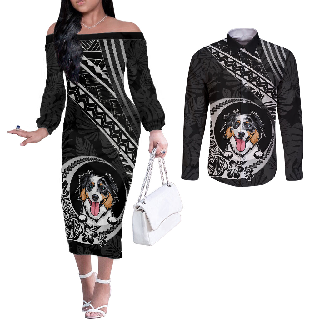 Personalised Polynesian Dog Couples Matching Off The Shoulder Long Sleeve Dress and Long Sleeve Button Shirts With Australian Shepherd - Crescent Style LT7 Black - Polynesian Pride