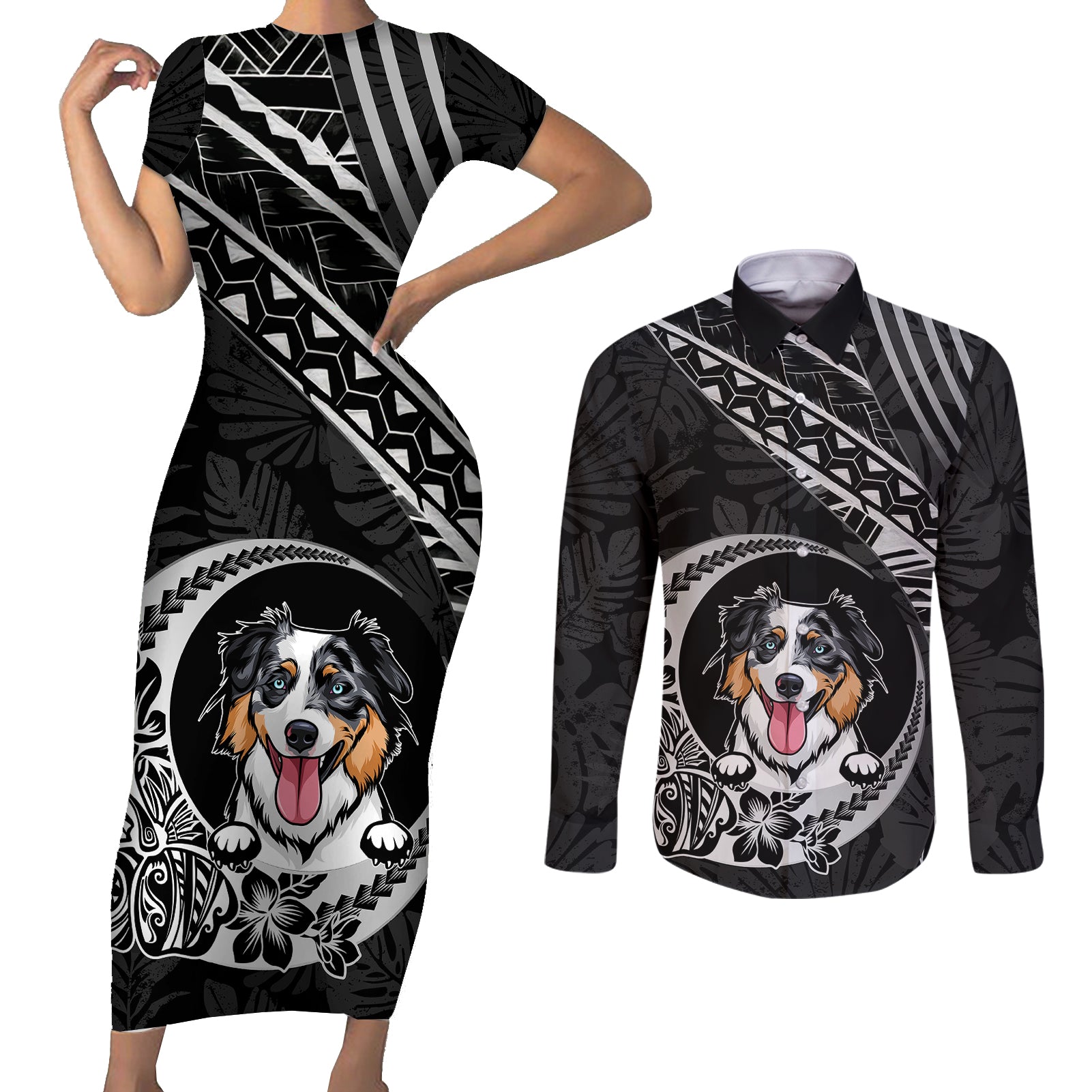 Personalised Polynesian Dog Couples Matching Short Sleeve Bodycon Dress and Long Sleeve Button Shirts With Australian Shepherd - Crescent Style LT7 Black - Polynesian Pride