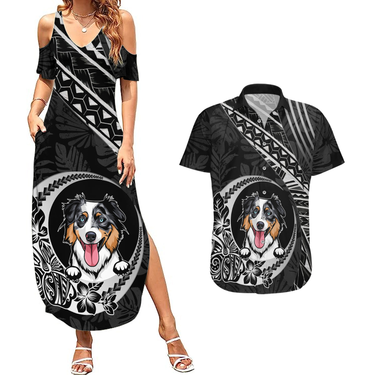 Personalised Polynesian Dog Couples Matching Summer Maxi Dress and Hawaiian Shirt With Australian Shepherd - Crescent Style LT7 Black - Polynesian Pride