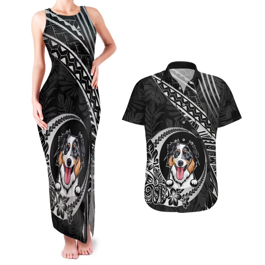 Personalised Polynesian Dog Couples Matching Tank Maxi Dress And Hawaiian Shirt With Australian Shepherd - Crescent Style LT7 Black - Polynesian Pride