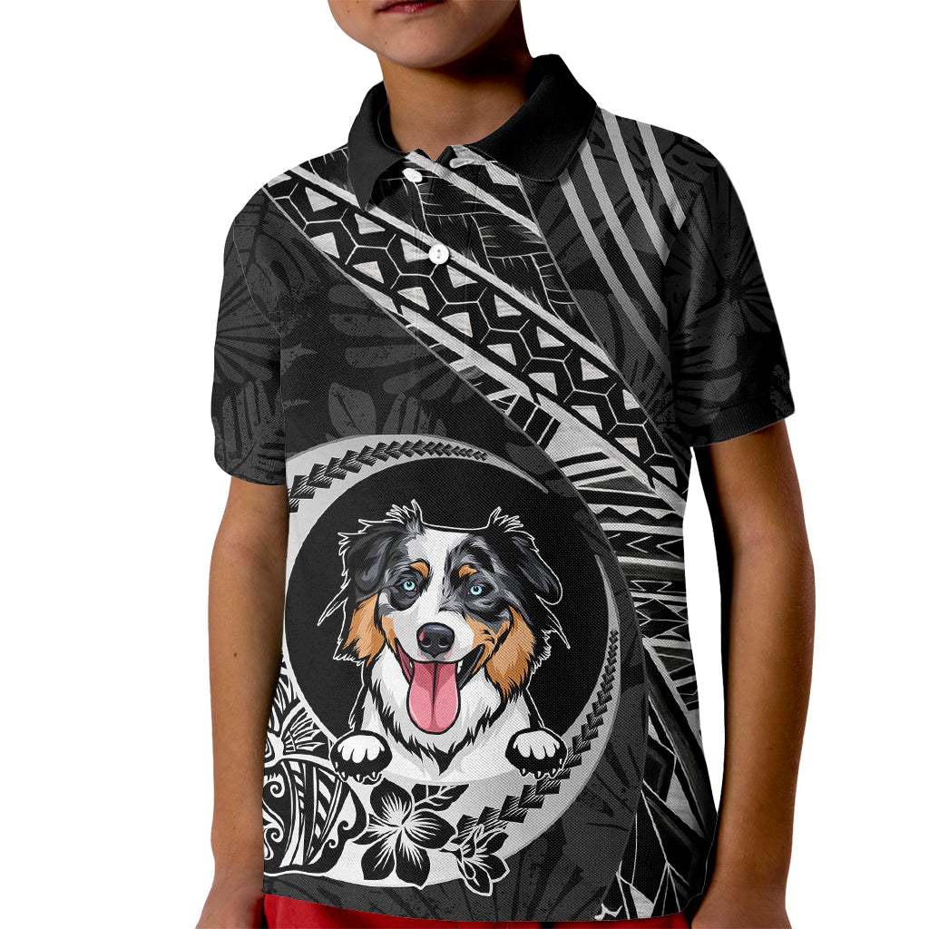 Personalised Polynesian Dog Kid Polo Shirt With Australian Shepherd - Crescent Style LT7 Kid Black - Polynesian Pride