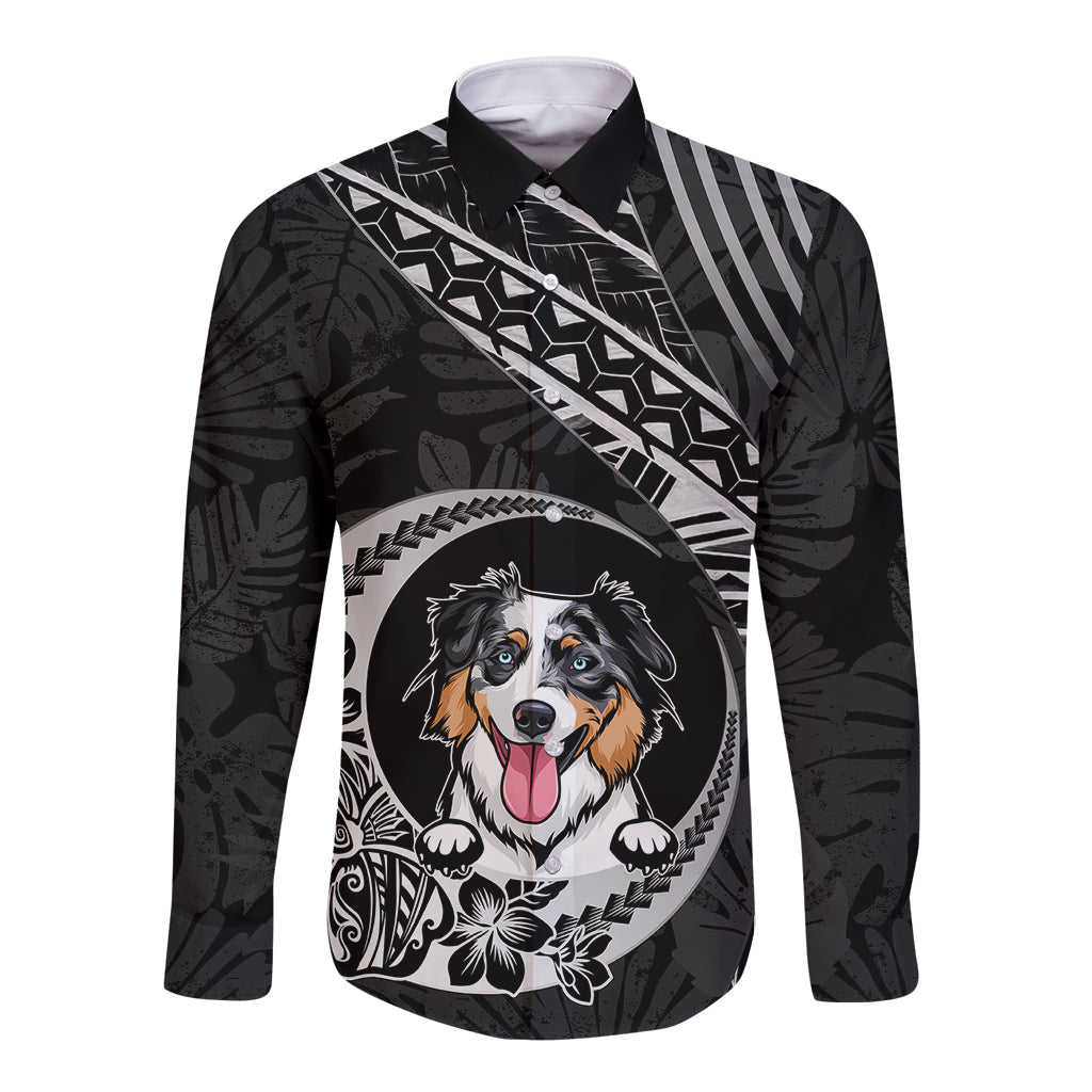 Personalised Polynesian Dog Long Sleeve Button Shirt With Australian Shepherd - Crescent Style LT7 Unisex Black - Polynesian Pride