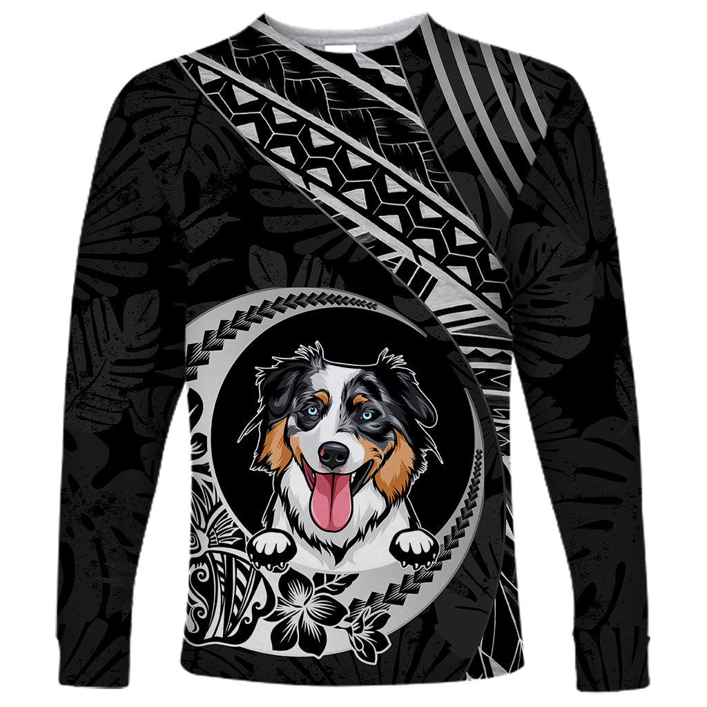 Personalised Polynesian Dog Long Sleeve Shirt With Australian Shepherd - Crescent Style LT7 Unisex Black - Polynesian Pride