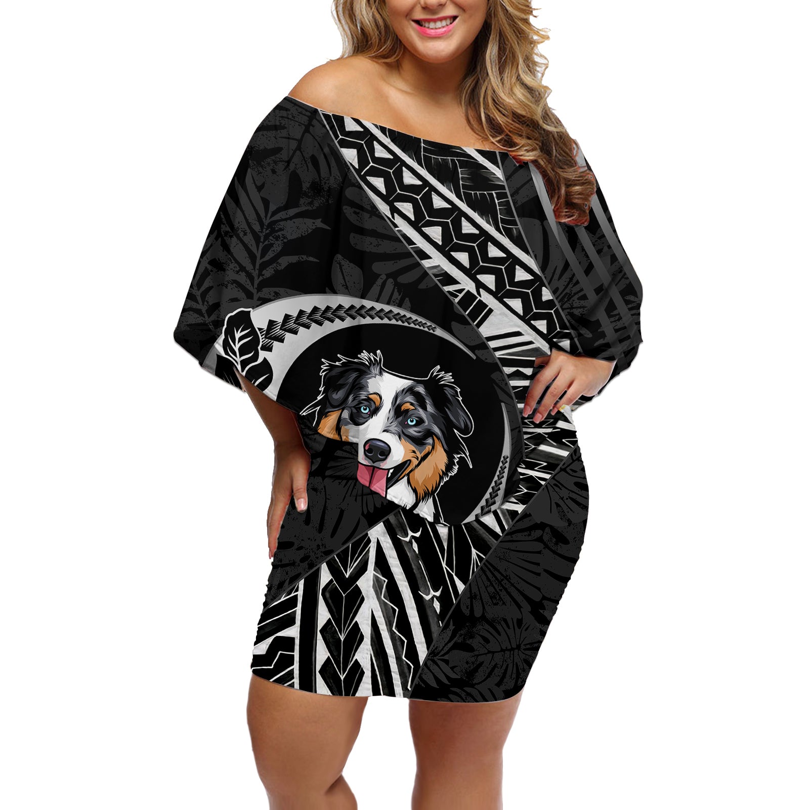 Personalised Polynesian Dog Off Shoulder Short Dress With Australian Shepherd - Crescent Style LT7 Women Black - Polynesian Pride