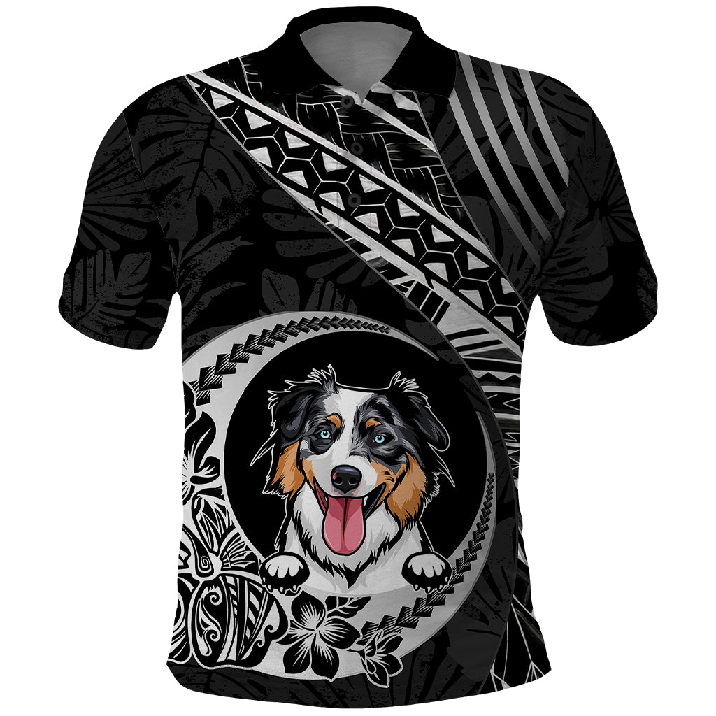 Personalised Polynesian Dog Polo Shirt With Australian Shepherd - Crescent Style LT7 Black - Polynesian Pride