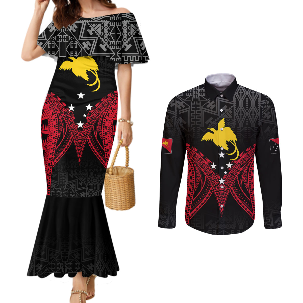 Personalised PNG Couples Matching Mermaid Dress and Long Sleeve Button Shirts Papua Motuan Mirror Style LT7 Black - Polynesian Pride