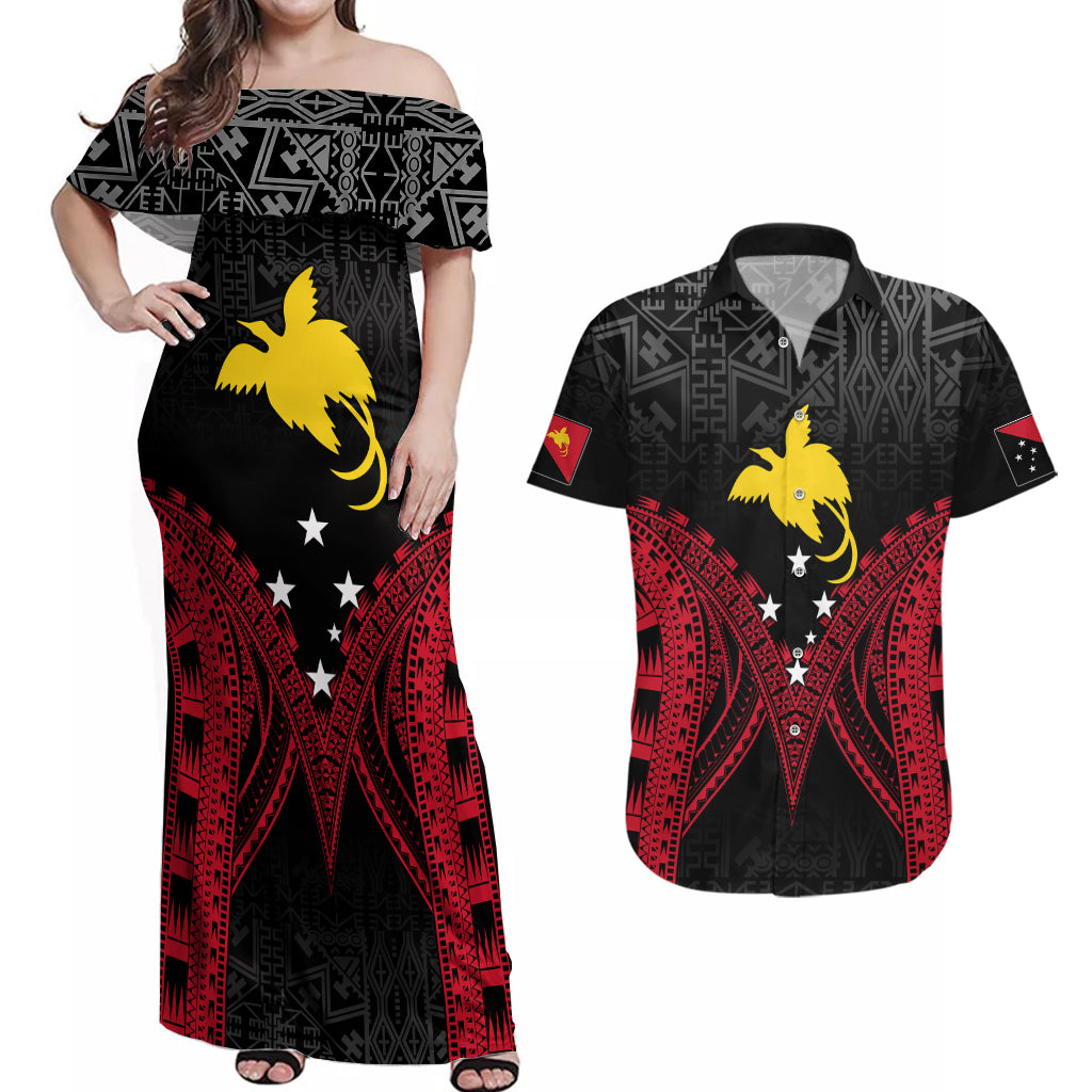 Personalised PNG Couples Matching Off Shoulder Maxi Dress and Hawaiian Shirt Papua Motuan Mirror Style LT7 Black - Polynesian Pride