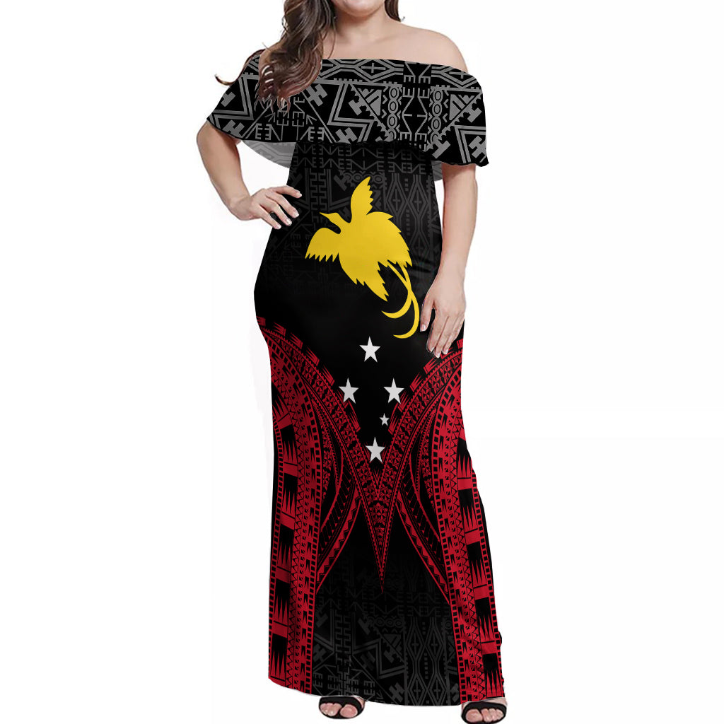 Personalised PNG Off Shoulder Maxi Dress Papua Motuan Mirror Style LT7 Women Black - Polynesian Pride