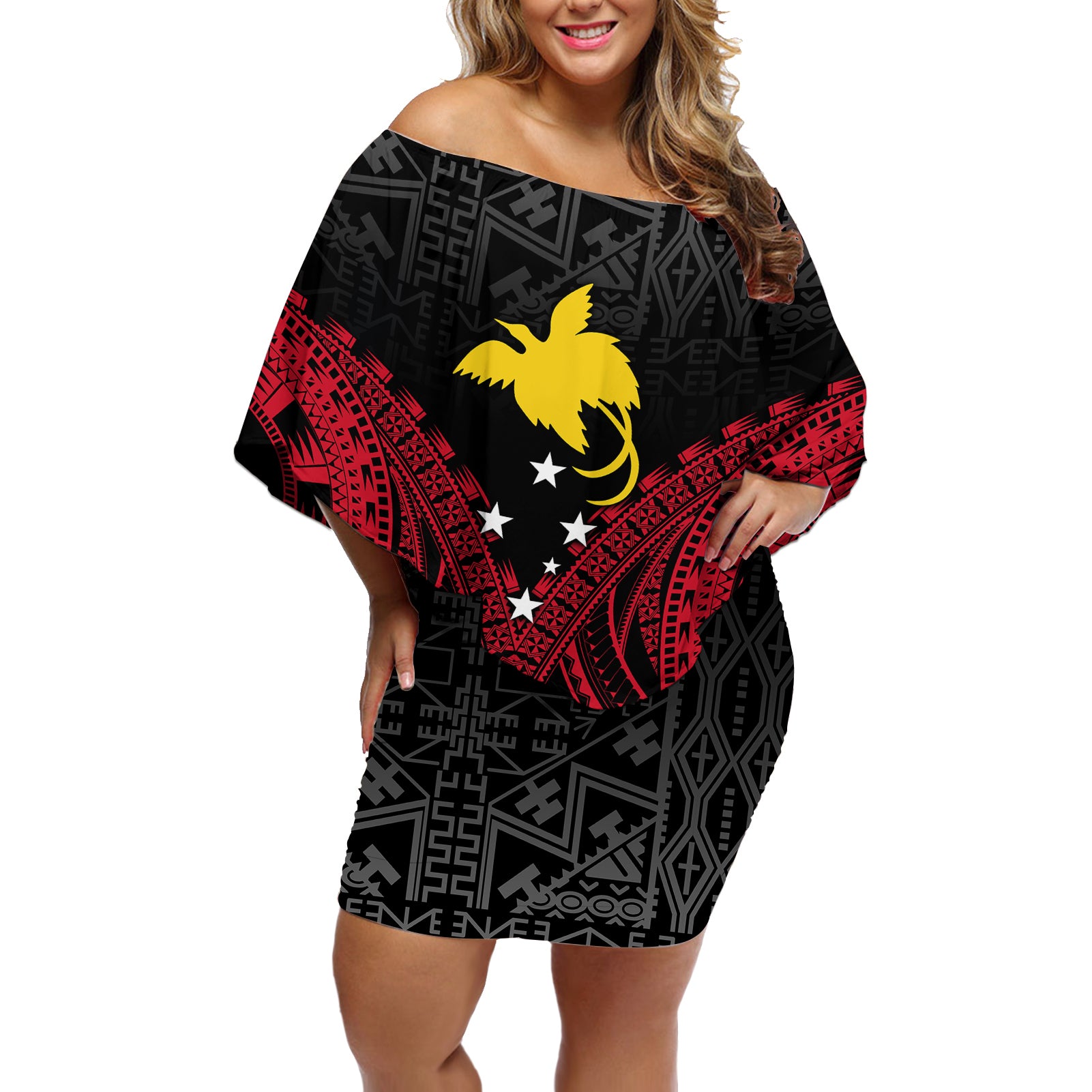 Personalised PNG Off Shoulder Short Dress Papua Motuan Mirror Style LT7 Women Black - Polynesian Pride