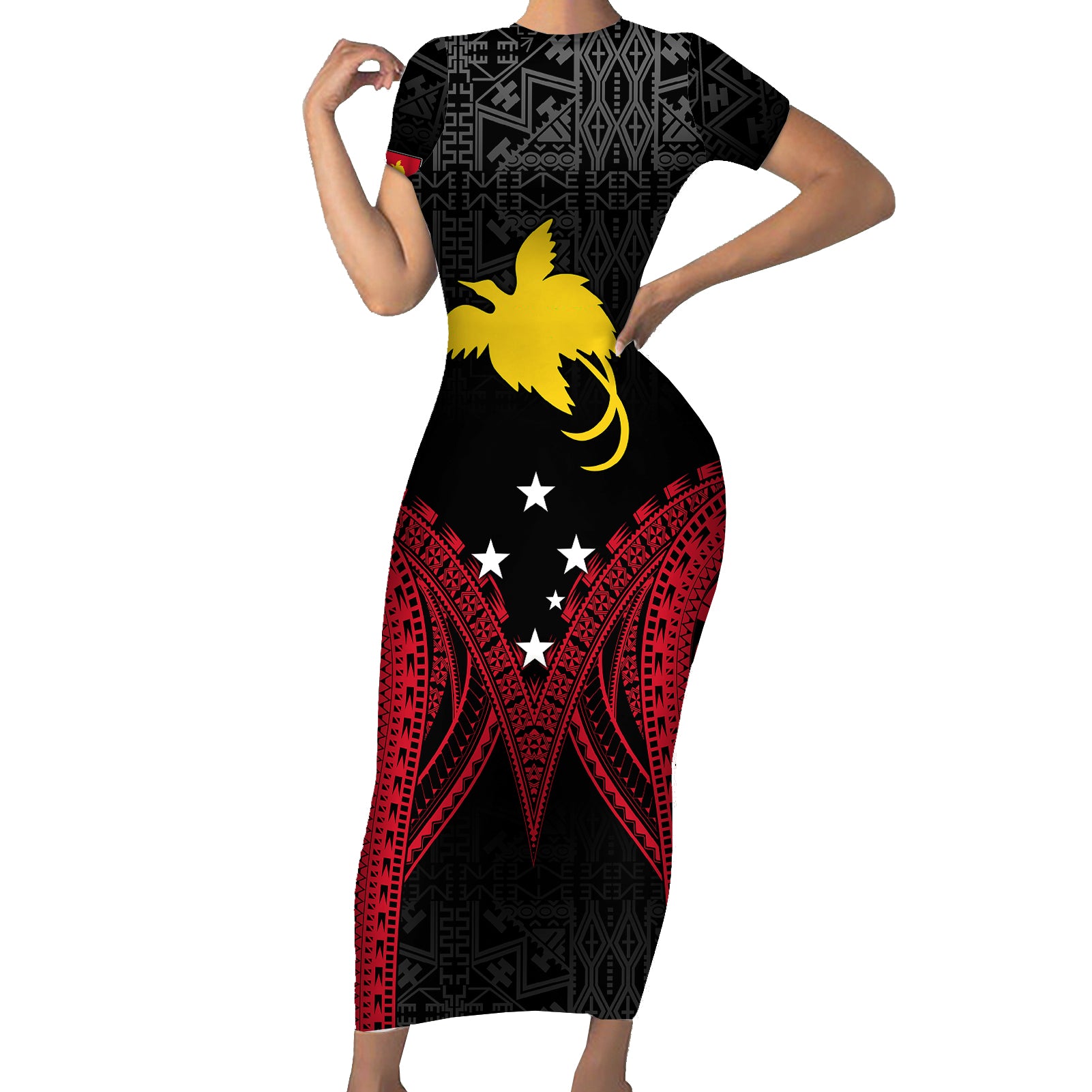 Personalised PNG Short Sleeve Bodycon Dress Papua Motuan Mirror Style LT7 Long Dress Black - Polynesian Pride