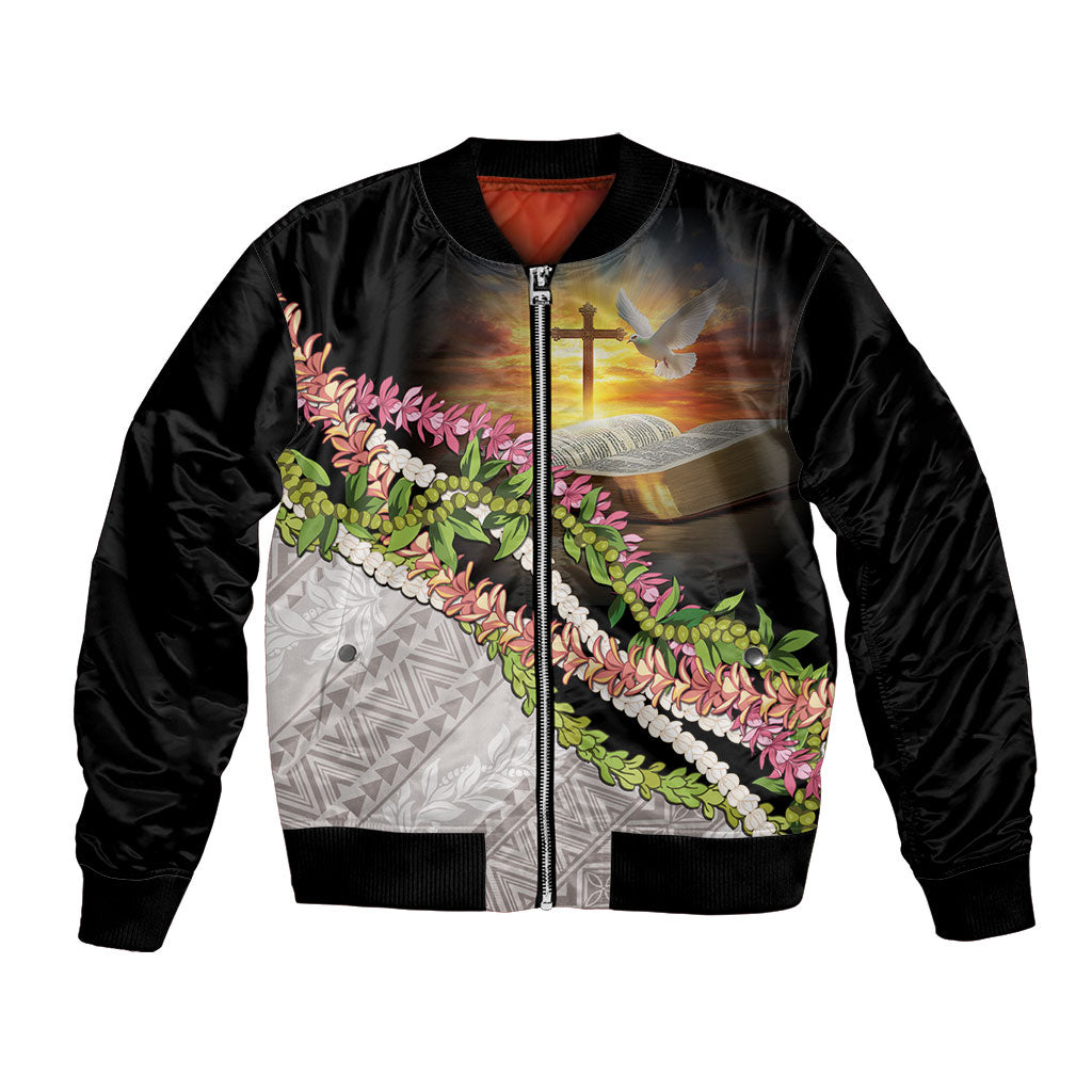 Hawaii Mokihana Mix Pikake Leis Mahalo 'Olelo Bomber Jacket Black LT7 Unisex Black - Polynesian Pride