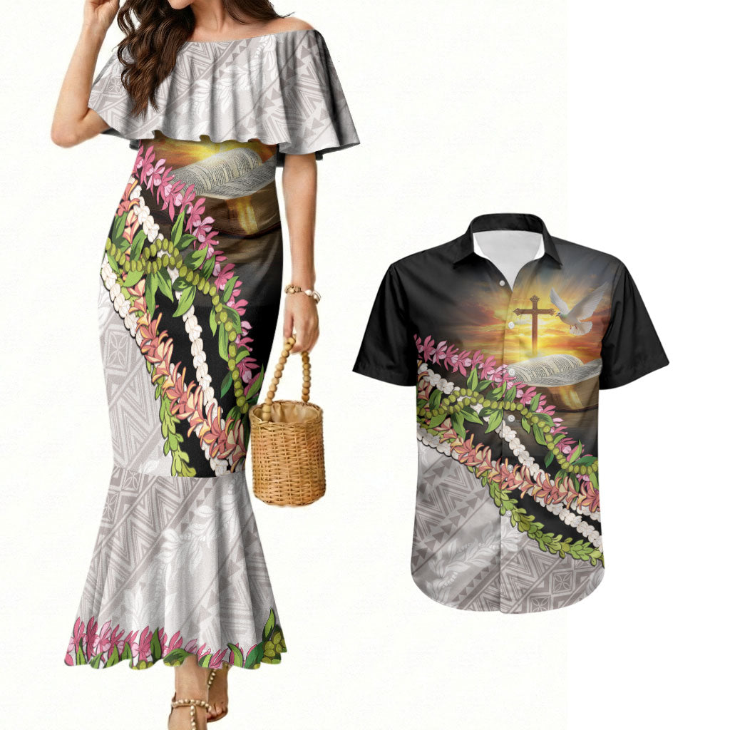 Hawaii Mokihana Mix Pikake Leis Mahalo 'Olelo Couples Matching Mermaid Dress and Hawaiian Shirt Black LT7 Black - Polynesian Pride