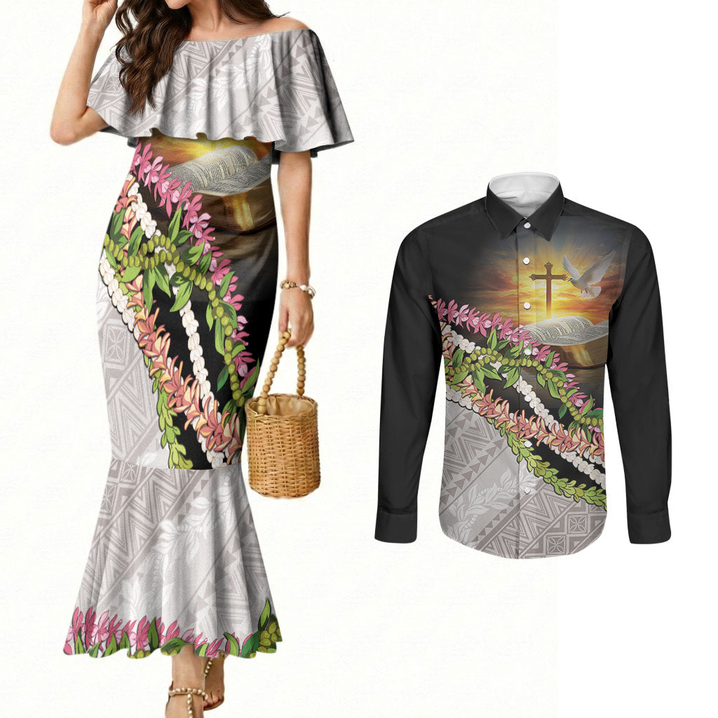 Hawaii Mokihana Mix Pikake Leis Mahalo 'Olelo Couples Matching Mermaid Dress and Long Sleeve Button Shirt Black LT7 Black - Polynesian Pride